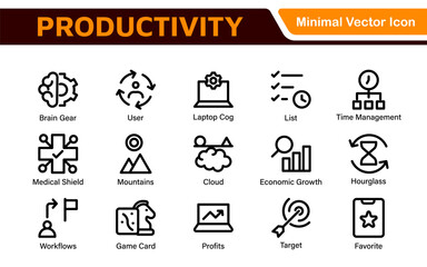 Productivity and Efficiency Icons Collection. Vector Icons for Task Management, Time Optimization, Work Process, and Goal Achievement