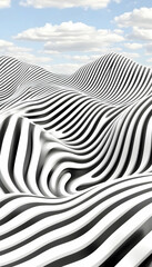 Abstract black white striped hills landscape, design background