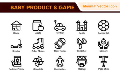 Baby Product & Game Icon Set. A charming collection of icons designed for parents and caregivers, perfect for websites, apps, and marketing materials focused on baby products and playful learning.
