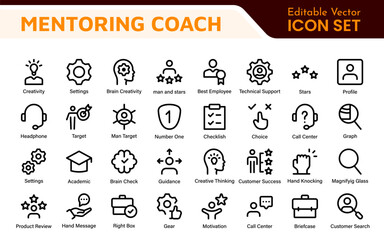 Mentoring and Coaching Icons Collection. Vector-Based Icons for Mentorship, Leadership, Learning, Support, and Growth