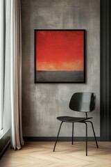 Fototapeta premium Modern Black Chair Next to Large Window Featuring Abstract Red Wall Art in Minimalist Interior Design Setting
