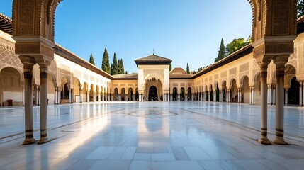Obraz premium Beautiful Architecture Of The Alhambra Palace Courtyard Bathed In Golden Light : Generative AI