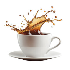 Liquid Dynamics: A high-speed capture of a coffee splash creating a dynamic and artistic visual with a clean aesthetic, with a white coffee cup.