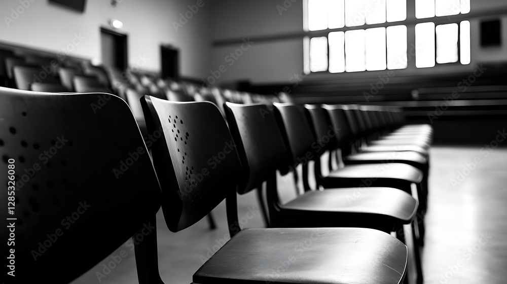 Poster Rows of Empty Chairs in a Spacious Hall with Natural Light Filtering Through Large Windows : Generative AI