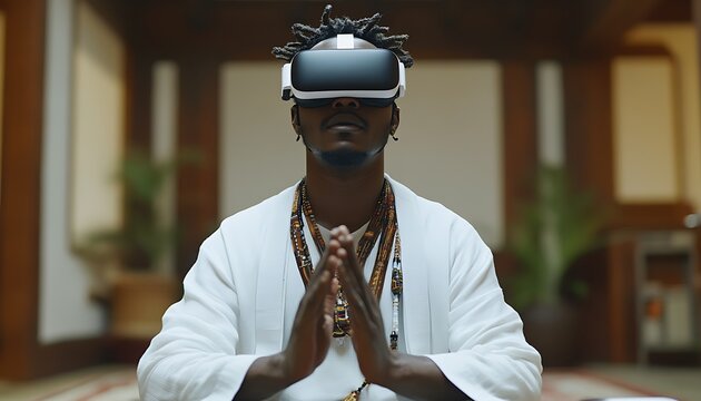 A man wearing a VR headset and praying indoors