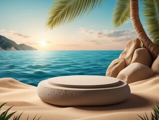 Obraz premium Stone podium on a tropical beach with ocean background