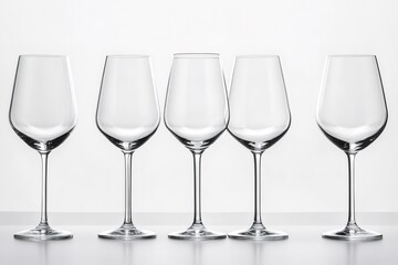 Five empty wine glasses standing on white table in bright light