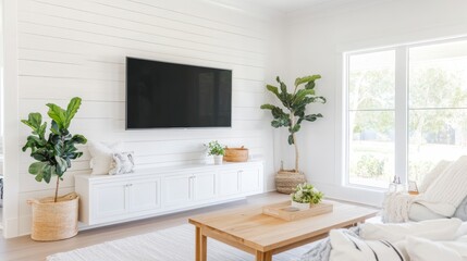 Fototapeta premium Modern Living Room Design Featuring Large Window, Plants, and Minimalist Decor in a Bright and Inviting Space