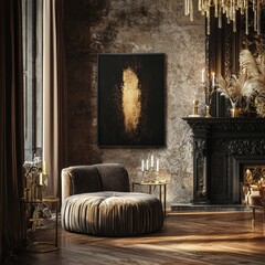 Fototapeta premium Elegant Black Velvet Lounge With Ornate Decor and Dramatic Lighting in a Stylish Living Space