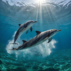 Fototapeta premium Pod of Dolphins Jumping Out of the Ocean in Sunlight