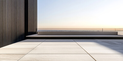 Modern rooftop terrace with panoramic city view at sunrise