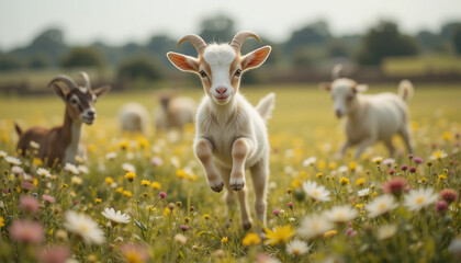 Obraz premium Playful Young Goat in Sunny Field