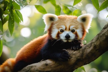 Firefox, or red panda, lying on a tree branch looking at viewer