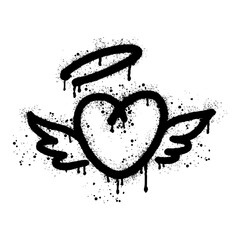 Flying heart with wings and angel ring, black and white hand drawn graffiti style drawing