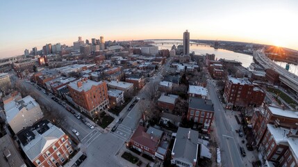 Fototapeta premium Aerial view of city skyline at sunrise. Possible use Stock photo