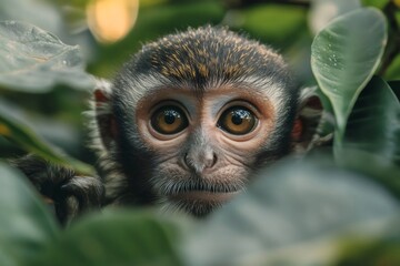 Obraz premium Baby monkey hiding in the jungle is observing with its beautiful eyes