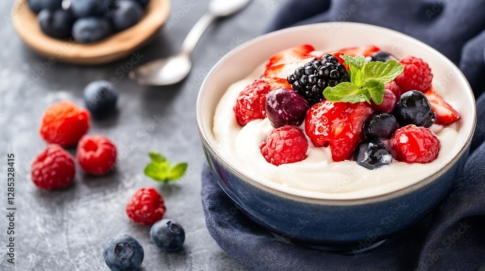 Poster delicious yogurt with fresh berries on stylish table : generative ai