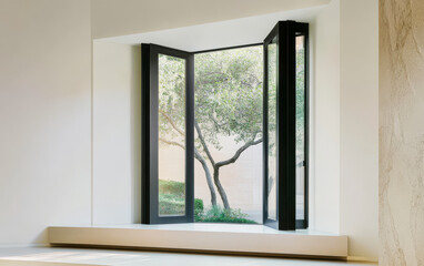 Fototapeta premium Elegant modern window design opening to a serene garden view in bright daylight