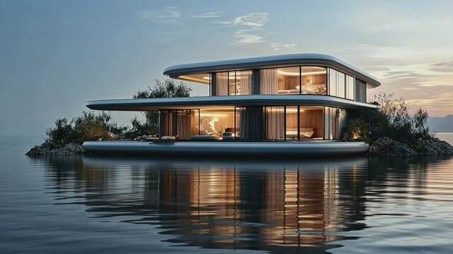 Modern Waterfront Oasis: A sleek, contemporary house seemingly floats on tranquil waters, its minimalist design reflecting the surrounding natural beauty.