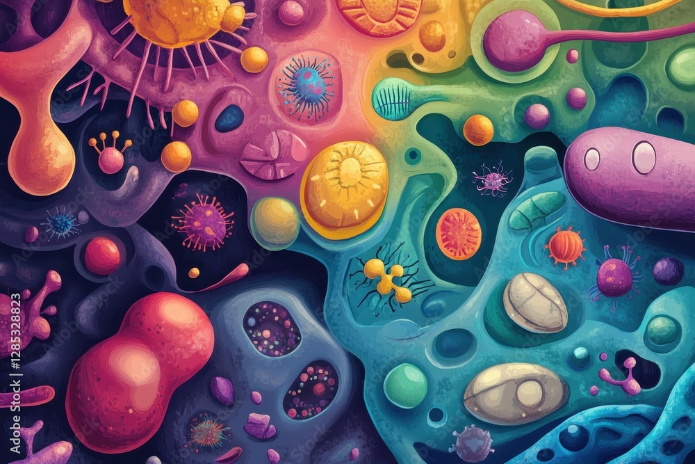 Poster exploring the vibrant world of cells and microorganisms in a colorful abstract representation, the w