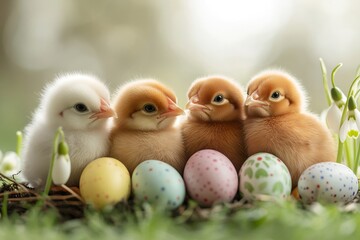 Four cute baby chickens sitting behind easter eggs and snowdrops
