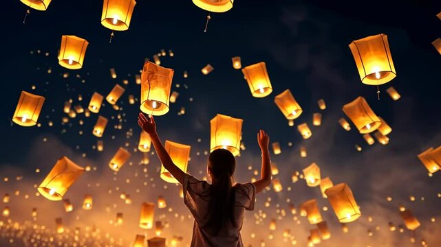 A video captures a girl from behind, arms raised, surrounded by glowing lanterns in the night sky. Low-angle shot emphasizes the lanterns' ascent.