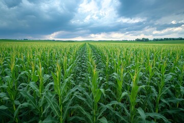 Fototapeta premium Rows of corn growing in field under cloudy sky