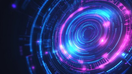 Fototapeta premium Abstract futuristic background featuring glowing blue and purple circular tunnel, circuit board lines, and dark space, creating a digital technology concept with high-tech ambiance.