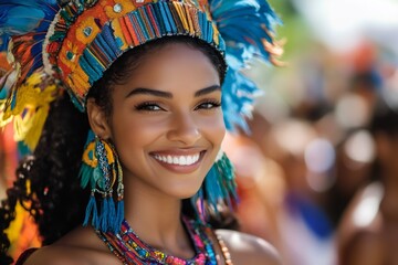 Fototapeta premium Brazilian dancer wearing colorful costume smiling during carnival parade