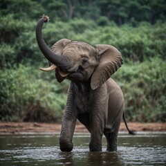 Obraz premium A baby elephant reaching up with its trunk to catch floating feathers.
