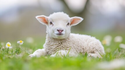 Obraz premium Cute little lamb lying on green grass surrounded by flowers relaxing in a peaceful meadow : Generative AI
