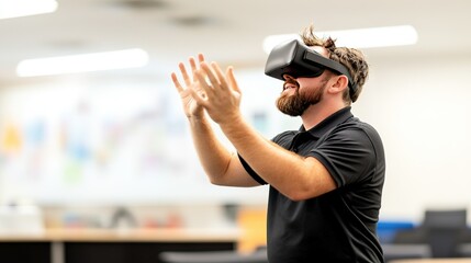 Augmented Reality in Education, immersive lesson with teacher guiding students through virtual experiences using headsets, enhancing learning engagement