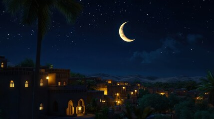 Nighttime Oasis Scene Featuring Crescent Moon Over Charming Desert Village