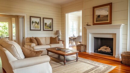 Fototapeta premium Cozy Living Room With Sectional Sofa, Modern Decor, and Open Kitchen Layout in a Contemporary Home During Daylight