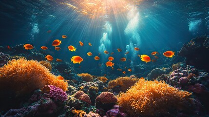 Fototapeta premium A mesmerizing underwater scene of a coral reef with sunbeams filtering through the water, illuminating colorful fish and coral formations