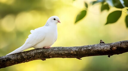 Fototapeta premium Beautiful White Dove Perched on a Branch Against a Soft Green Background : Generative AI