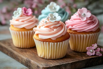 Delicious cupcakes with colorful frosting and sugar flowers resting on wooden board