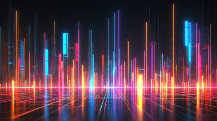 Vibrant Cityscape at Night: Neon Lights and Futuristic Energy Bars Display