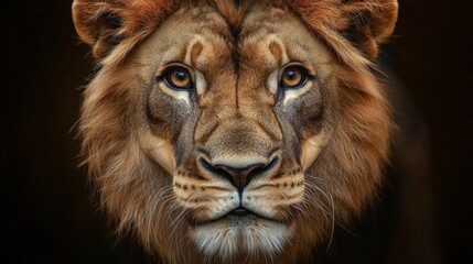 Majestic lion gazing intensely, showcasing its rich mane against a dark backdrop, symbolizing strength
