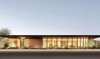Modern architectural design featuring a sleek building in a desert landscape at sunset