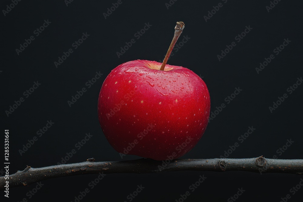 Poster closeup view of a big red apple resting on a twig against a dark background, close-up of a big red a