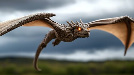 Obraz premium Majestic dragon soaring through a stormy sky, showcasing its powerful wings and fierce expression