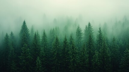 Misty Forest Landscape with Evergreen Trees in Early Morning Light
