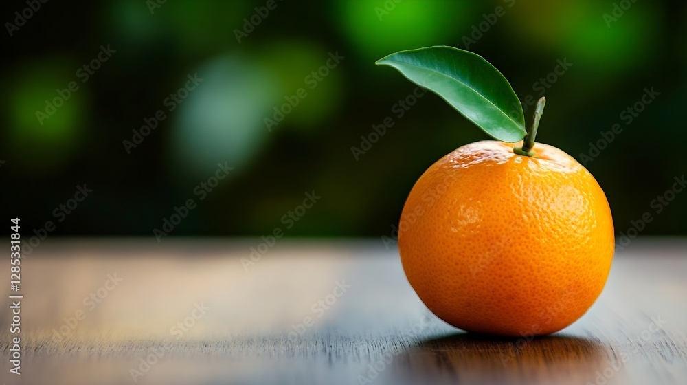 Aufkleber fresh orange with glossy surface and leaf on wooden table : generative ai