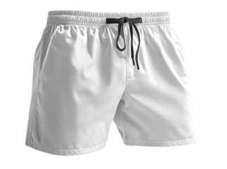 Lightweight white swim shorts with elastic waistband and drawstring. Perfect for beach or pool activities