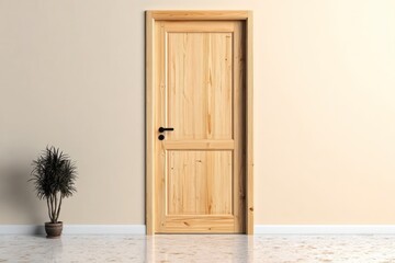 Realistic 3D Render of Natural Pine Wood Door, Detailed Texture and Grains, Interior Design Concept, Wooden Entrance Element