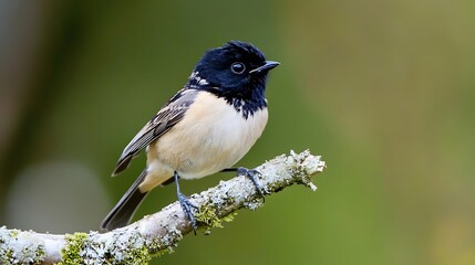 Fototapeta premium Beautiful small black and beige bird perched on a branch in a blurred green background : Generative AI
