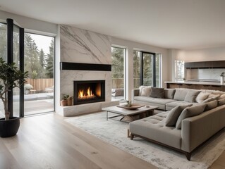 Modern living room featuring a fireplace and comfortable sectional