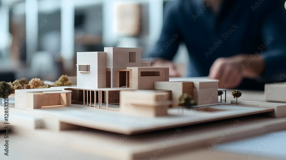 Poster architectural model showcasing modern design elements in a creative workspace with blurred backgroun