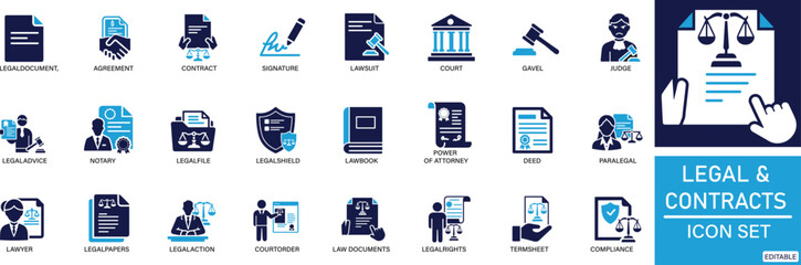 Legal & Contracts icon set LegalDocument, Contract, Agreement, Signature, Lawsuit, Court, Gavel, Judge, Legal Advice, Notary You can easily change the color.